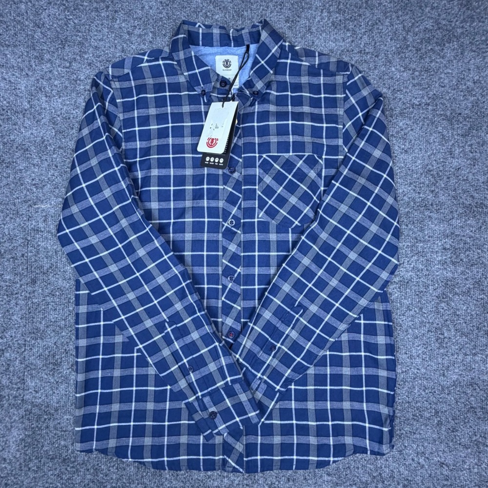 Element Mens Small Blue Grey Plaid Herringbone Button Down Shirt S M540LTAM